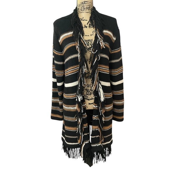 Johnny Was Ada Striped Cardigan Black Striped Fringe Alpaca Wool Size Large - Picture 1 of 9
